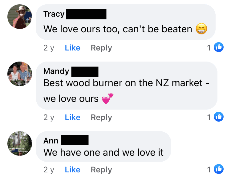 Facebook testimonial: "best wood burner on the NZ market"