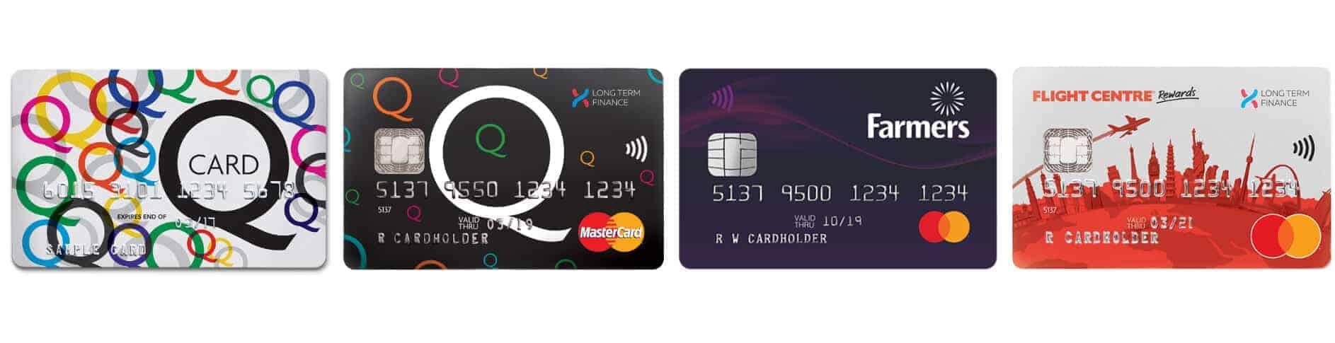 Images of a Q Card, Q Mastercard, Farmers Mastercard, and Flight Centre Mastercard